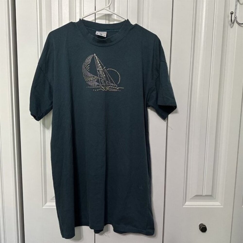 Vintage 90s T Shirt Womens One Size  XL Single Stitch Embellished Sailboat Blue